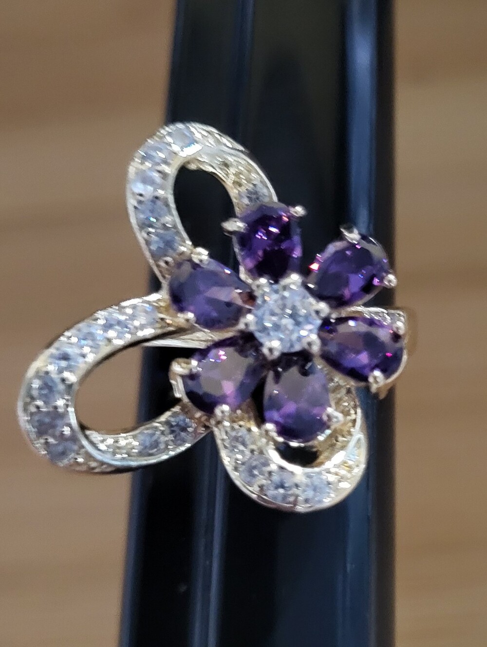 Floral Amethyst and Swarovski Crystals Statement Ring - Purple Sz 7 3/4